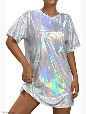 Shiny Holographic Oversized Tshirt Dress Short Sleeve Party Disco Dress